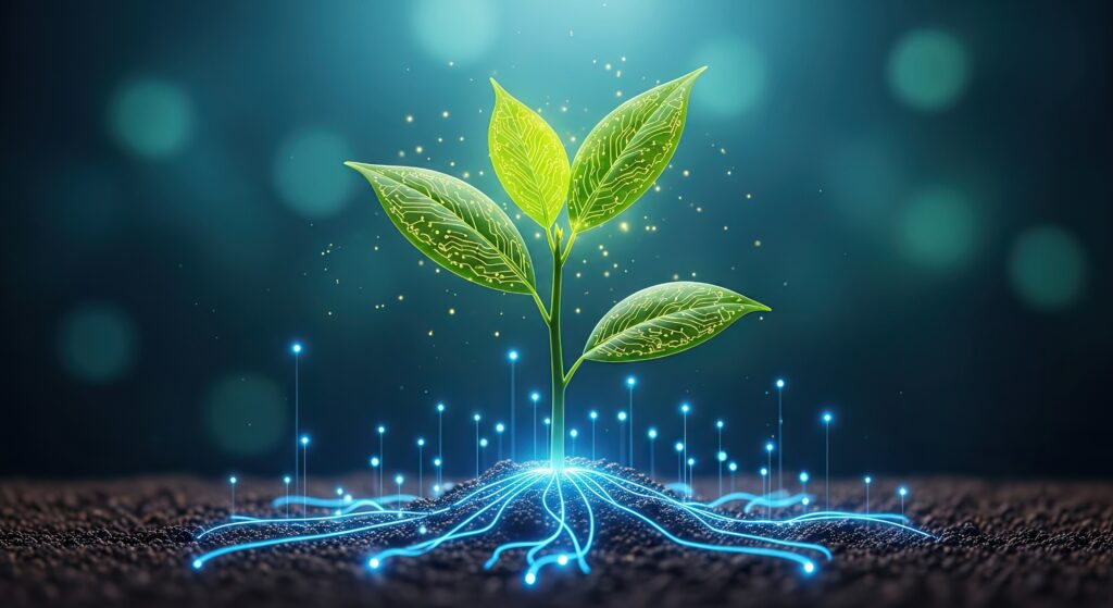 Germoglio di pianta con radici digitali.