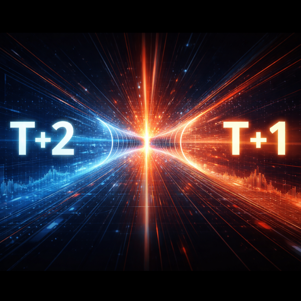 timeline che si comprime da T+2 → T+1 con effetto “compressione temporale”.