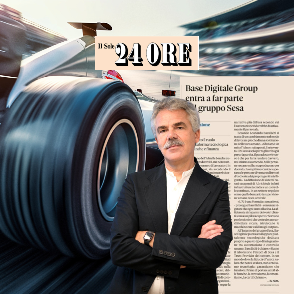 Sfondo con Macchina di Formula 1: In evidenza l'immagine dell'articolo pubblicato su il sole 24 ore e davanti l'immagine di Leonardo Bassilichi CEO di Base Digitale