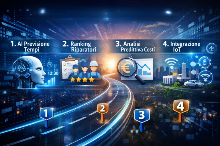 Roadmap dell'innovazione che raggruppa 4 punti: 1. AI Previsione Tempi, 2. Ranking Riparatori, 3. Analisi Predittiva Costi, 4. Integrazione IoT