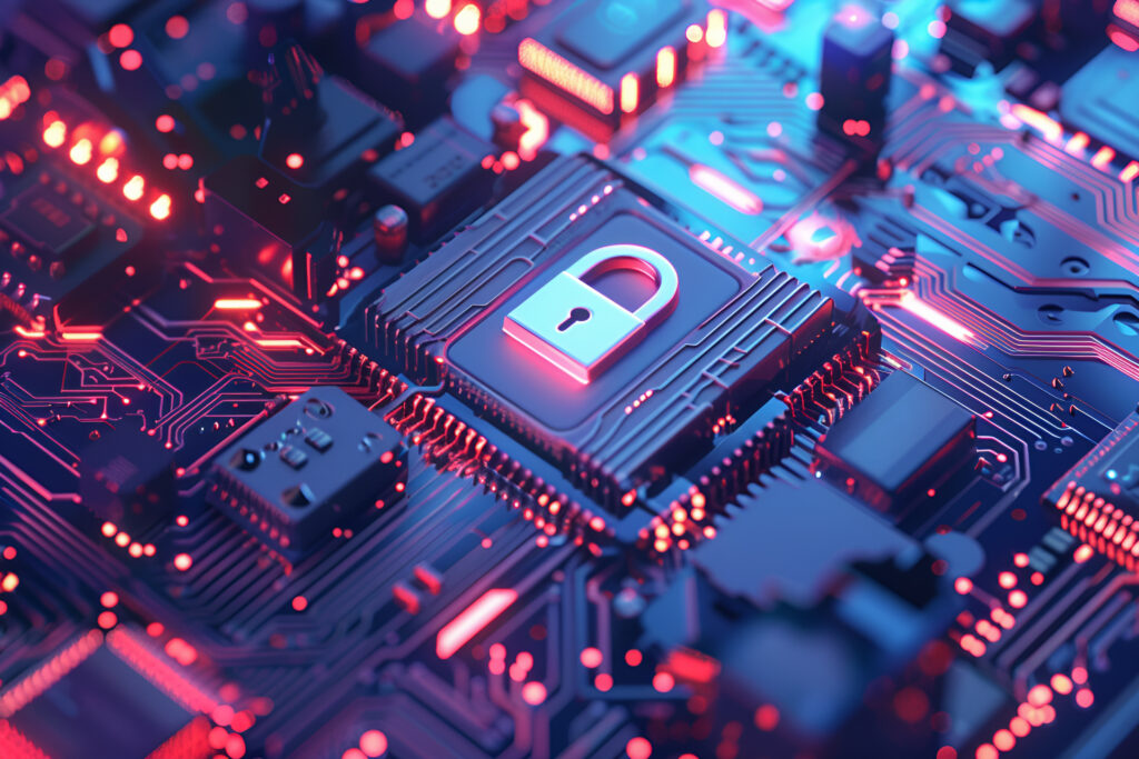 Immagine che rappresenta il controllo della sicurezza con dei connettori digitali e un lucchetto al centro