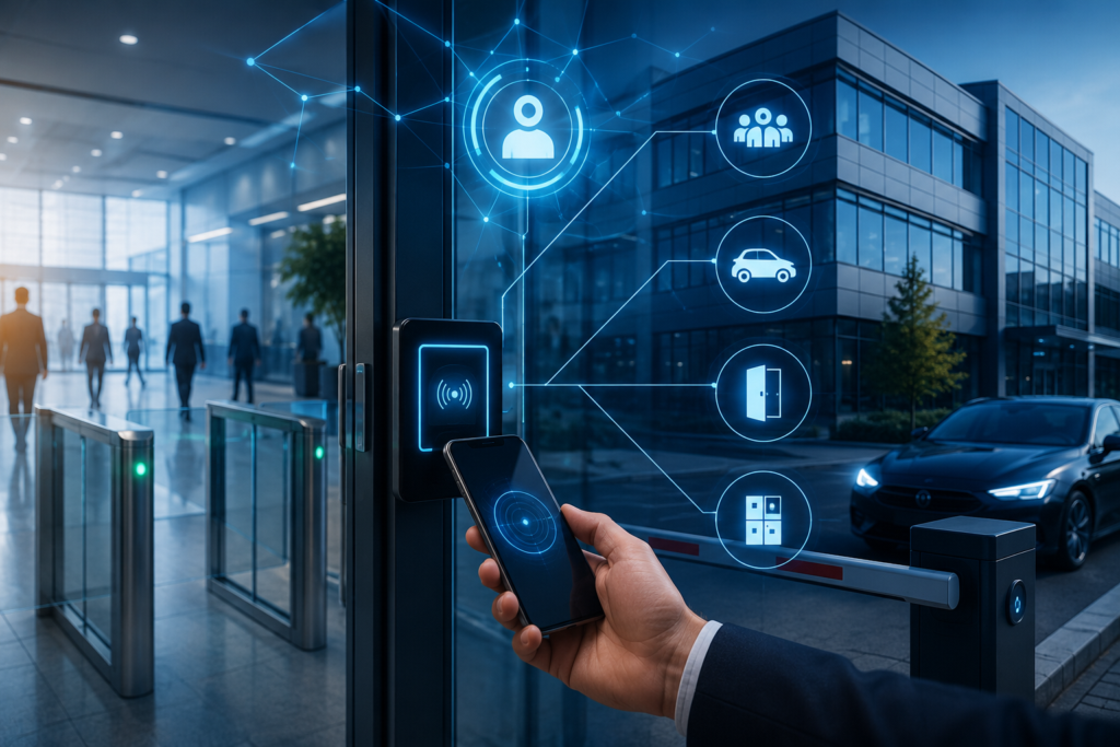 Sistema di controllo accessi digitale con smartphone, tornelli intelligenti e edificio aziendale con tecnologie di sicurezza integrate.