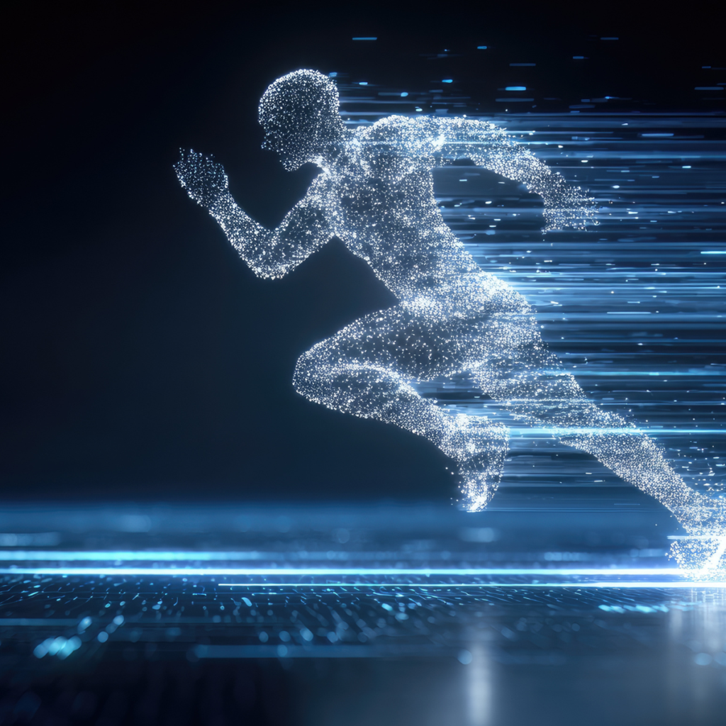 Uomo digitale che corre, simbolo della velocità nella gestione delle dispute di pagamento