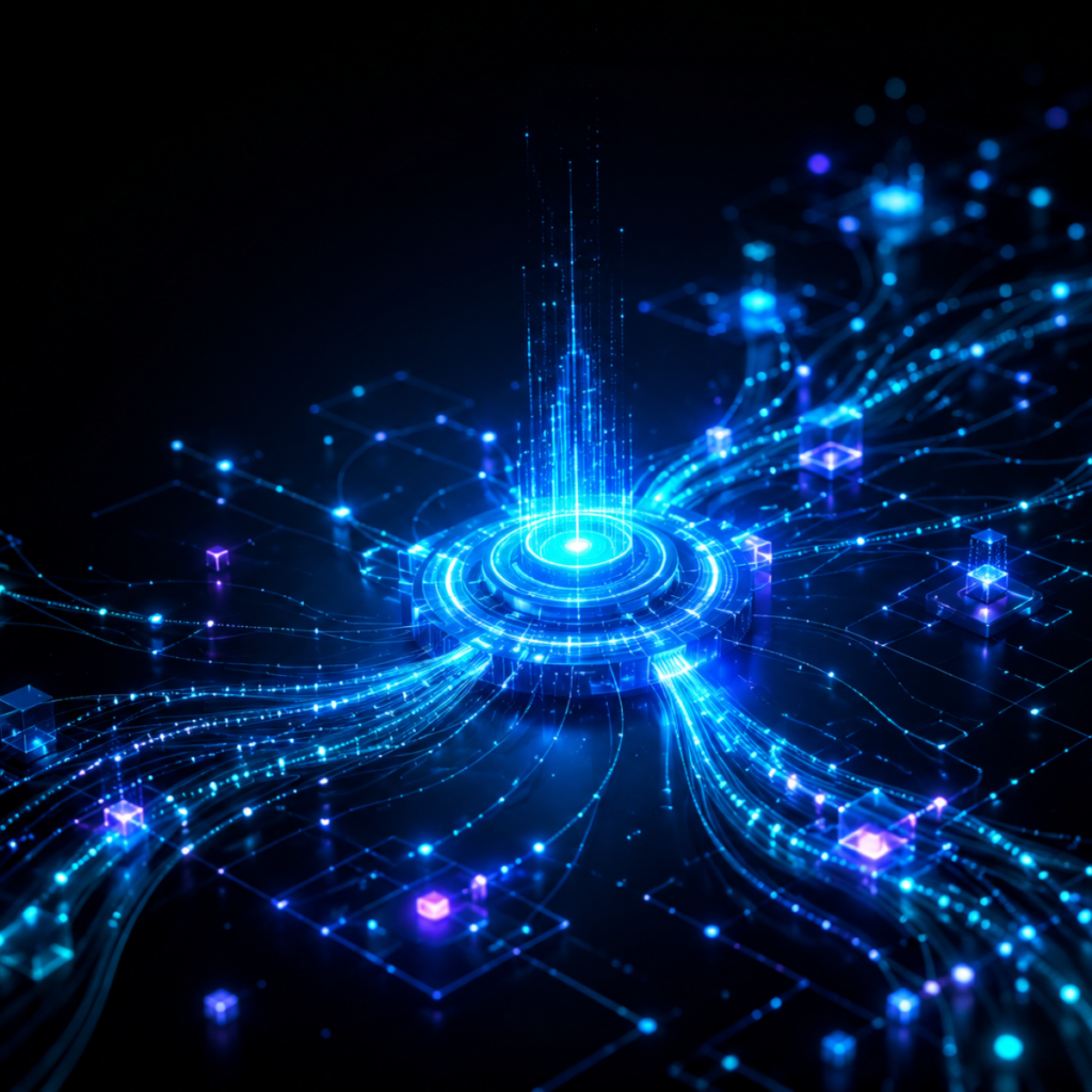 Visualizzazione astratta di un hub digitale per la gestione della segnalazione DORA con flussi di dati luminosi e rete tecnologica interconnessa.